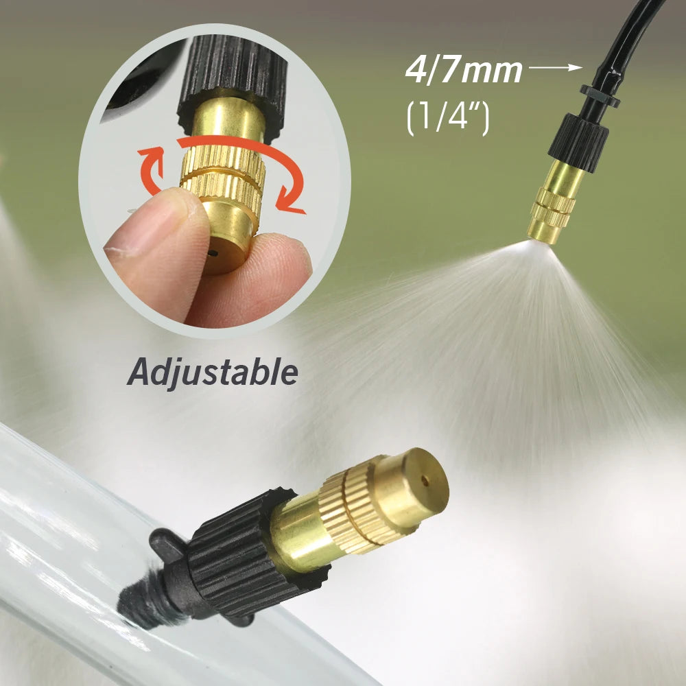 Micro Drip Irrigation Misting Brass Nozzle, Humidificação do Jardim, Spray de Refrigeração, Juntas Rápidas, 5 Estilos, 4mm, 7mm, 1/4 ", 10 Unidades
